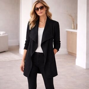 DKR Black Vegan Suede Waterfall Drape Open Jacket Workwear Size S